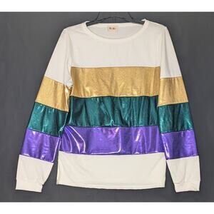 BIBI Mardi Gras Womens white long sleeve colorblock Stripe top futuristic Rave L